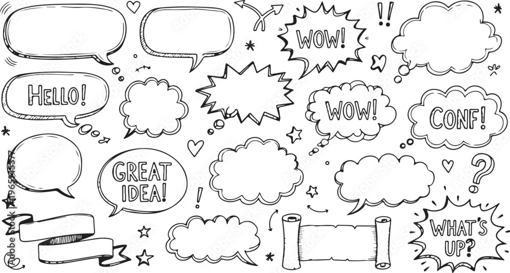 Obraz premium sketchy hand-drawn comic speech and thought bubbles collection for design projects illustrating dialogue and communication concepts.