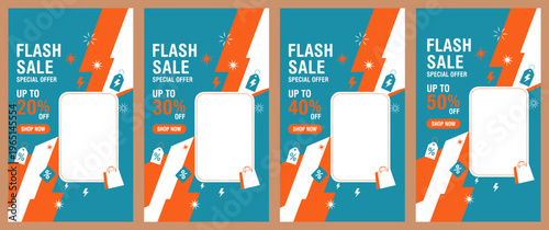 A vibrant flash sale advertisement poster design with orange and blue geometric shapes and white text on a blue background