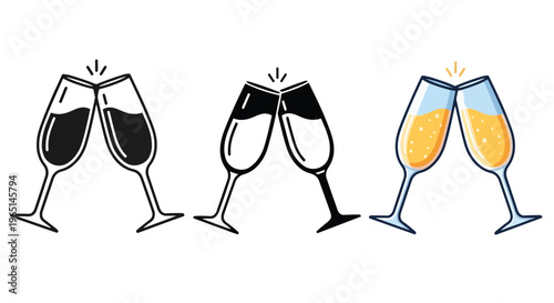 champagne toast celebration icon set - logo icons vector set. Blue, Black and white icons