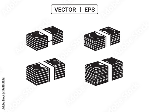 Stacks of cash money illustration icon set representing wealth and financial success.