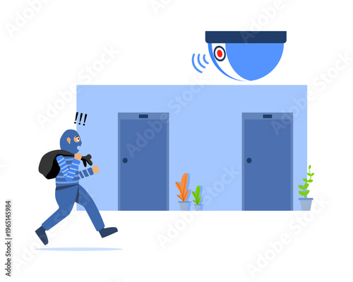 CCTV footage shows a burglar carrying items and fleeing up an apartment. Vector CCTV security cameras ensure the safety of people and property in house. Technology smart home