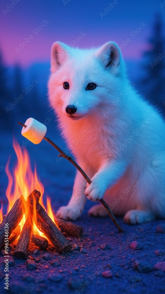 Fototapeta premium Cute fox roasting marshmallow outdoors.