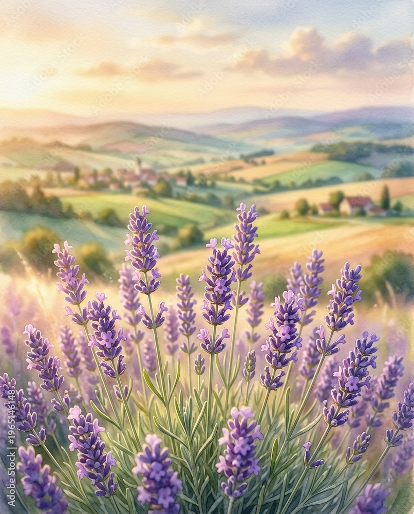 Obraz premium lavender flowers with rolling countryside in dreamy landscape 