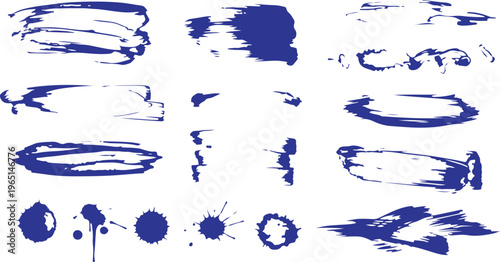 Mega bundle of different ink brush strokes:rectangle,square and round freehand drawings.Ink splatters,grungy painted lines,artistic design elements:waves,circles,triangles.