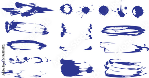 Mega bundle of different ink brush strokes:rectangle,square and round freehand drawings.Ink splatters,grungy painted lines,artistic design elements:waves,circles,triangles.