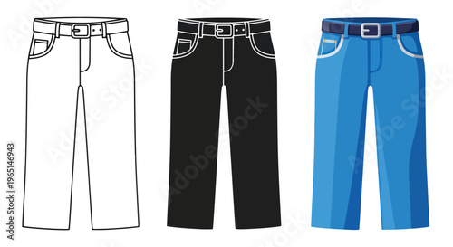 Pants Icon Set: Outline, Black, Blue - Minimalist, flat icon, outline, glyph, linear, clipart, sticker - icon set