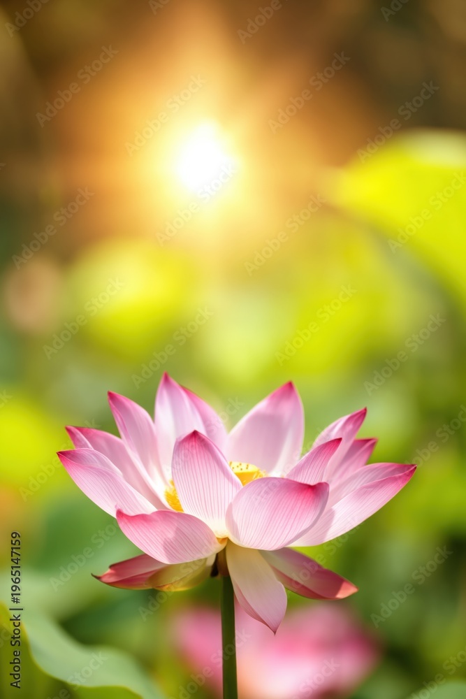 Fototapeta premium Pink lotus flower blooming in sunlit pond with soft morning light