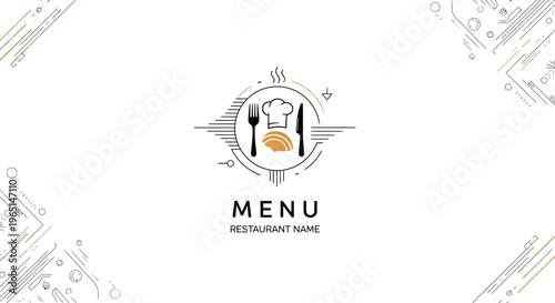 Elegant Restaurant Menu Logo Design with Chef Hat, Fork, Knife, and Bread Icon