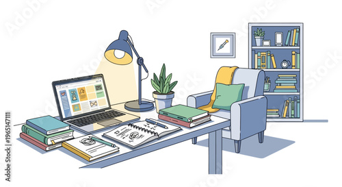 Cozy Home Office Desk with Laptop, Books, Lamp, and Armchair - Study Space Illustration