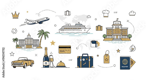 Travel and Vacation Icons: Airplane, Cruise Ship, Hotel, Car, Passport, Luggage, Champagne
