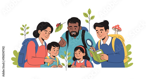 Family nature exploration with kids, learning about plants and insects outdoors