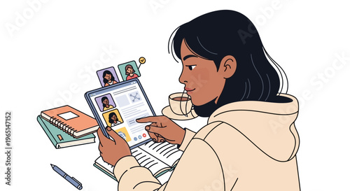 Young woman using tablet for online learning, connecting with classmates, studying at home