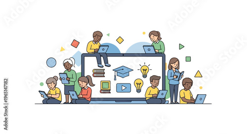 Diverse Kids Learning Online with Laptops and Digital Education Icons