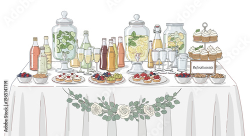 Elegant Buffet Table with Drinks and Appetizers
