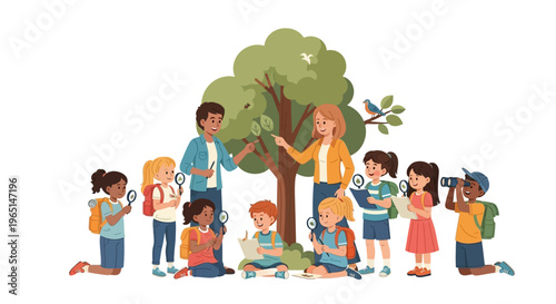 Children Learning Nature Science Outdoors with Teachers and Magnifying Glasses