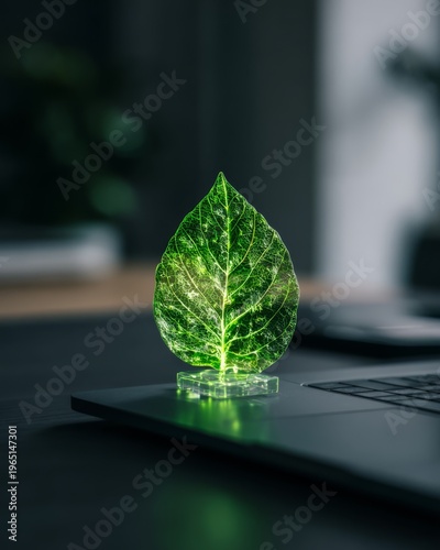 Green leaf icon hologram glowing above laptop on office desk, modern business environment