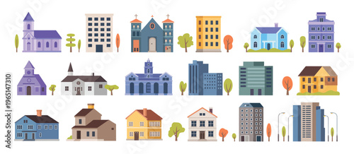 Apartment houses vector illustrations set, modern residential buildings collection, flat and clean vector elements isolated on white background for property, housing, and cityscape design concepts.