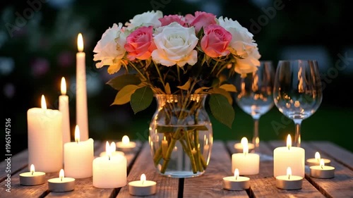 Romantic Evening Setup with Candles and Flowers Mid Shot Elegant Atmosphere