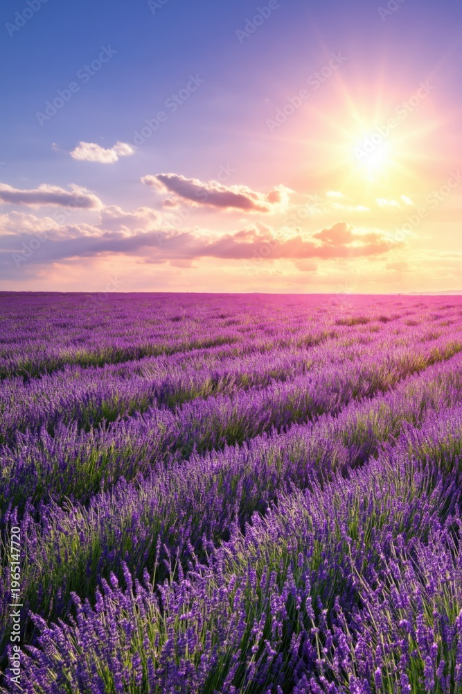 Obraz premium Lavender field blooming under bright sun at horizon