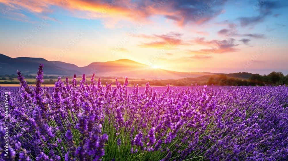 Naklejka premium Lavender plants swaying during golden sunrise over hills landscape