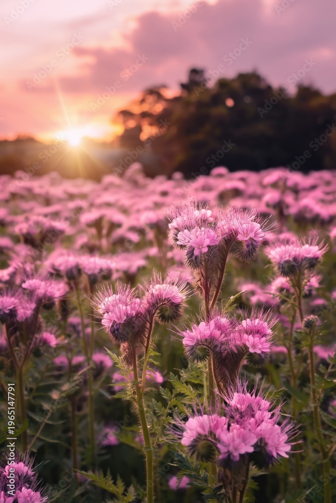 Obraz premium Pink wildflower field glowing under sunset sky in meadow