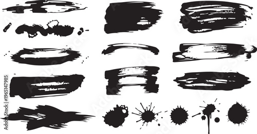 Mega bundle of different ink brush strokes:rectangle,square and round freehand drawings.Ink splatters,grungy painted lines,artistic design elements:waves,circles,triangles.