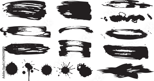 Mega bundle of different ink brush strokes:rectangle,square and round freehand drawings.Ink splatters,grungy painted lines,artistic design elements:waves,circles,triangles.