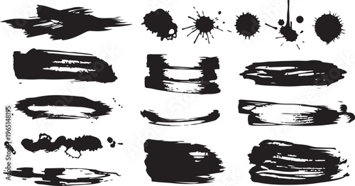 Mega bundle of different ink brush strokes:rectangle,square and round freehand drawings.Ink splatters,grungy painted lines,artistic design elements:waves,circles,triangles.