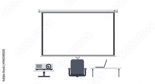 Presentation setup with projector, chair, and laptop on a desk, ideal for business meetings or educational purposes