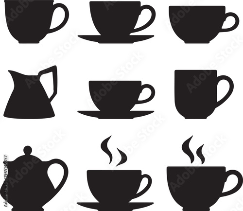 A collection of black silhouettes of various tea cups and teapots on a white background