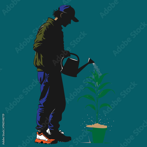 Plant care, gardening, watering can, green plant, silhouette illustration