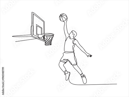 A parson basketball player doing a dunk, Continuous line drawing of basketball player dunking, sport action vector illustration