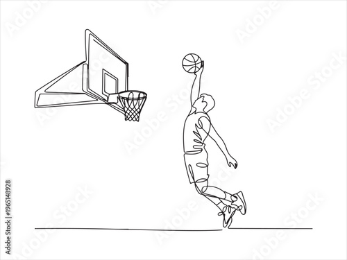 A parson basketball player doing a dunk, Continuous line drawing of basketball player dunking, sport action vector illustration