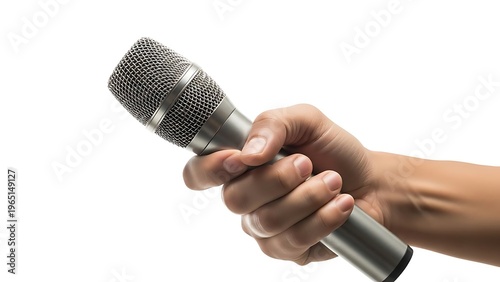 Close Up Hand Holding Microphone Against White Background.