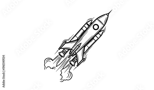 Sketch style space rocket outline illustration with launching spaceship and motion lines hand drawn vector design