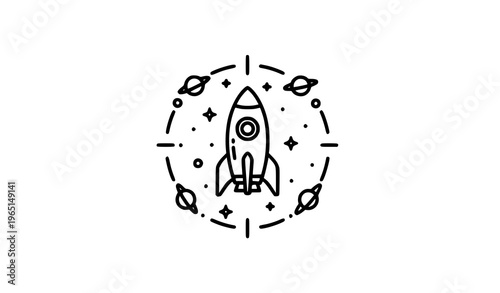 Space rocket outline icon in circular layout with stars and orbit elements vector illustration