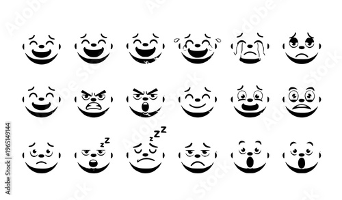 Cartoon face expressions icon set with smiling crying surprised and angry emotions in flat style vector collection