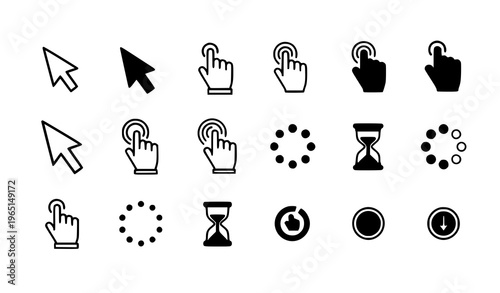 Pointer click icon set with cursor arrows hand clicks and loading symbols for web interface vector collection