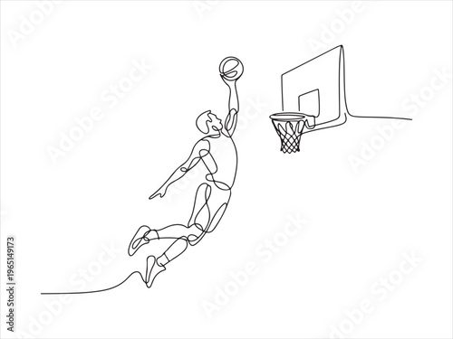 A parson basketball player doing a dunk, Continuous line drawing of basketball player dunking, sport action vector illustration