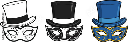 Three masquerade masks with top hats silhouette