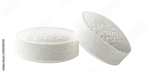 Pair of white medical tablets pills close up, isolated on transparent cutout background