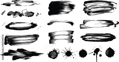 Mega bundle of different ink brush strokes:rectangle,square and round freehand drawings.Ink splatters,grungy painted lines,artistic design elements:waves,circles,triangles.