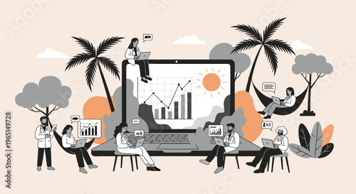 A doctor in a white coat stands under a tree with a patient, looking at a tablet with a concerned expression, conveying a sense of healthcare and cons