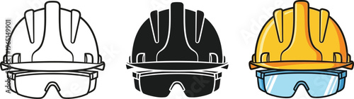 Silhouette of three hard hats with safety goggles