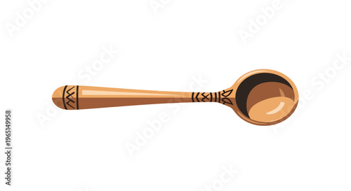 A wooden spoon with a carved pattern on its handle and a shiny interior, isolated on a white background