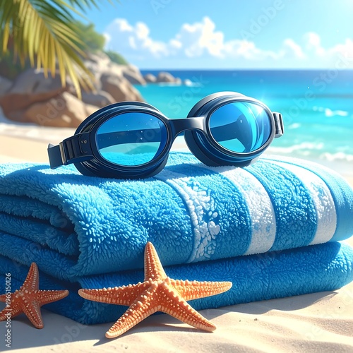 A beach scene with goggles on towels and starfish