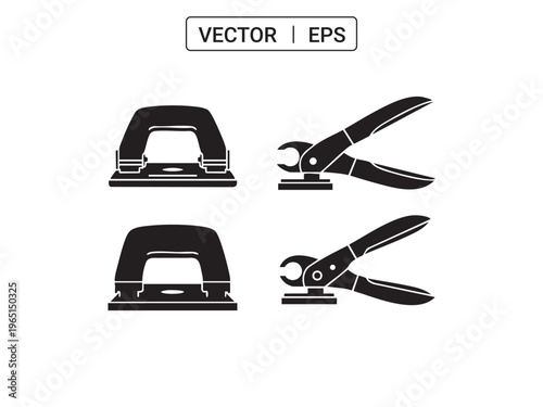 Hole puncher and staple remover office tools icons set isolated on white background vector.
