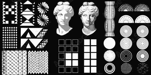 Black and white collage featuring geometric shapes and classical busts