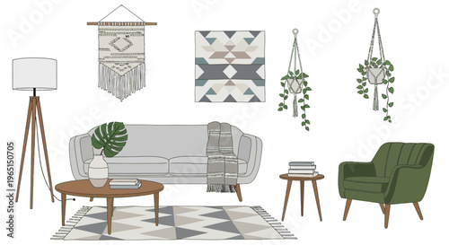 Bohemian living room interior with sofa, armchair, plants, and macrame decor