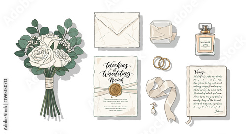 Elegant Wedding Invitation & Bridal Bouquet Flat Lay